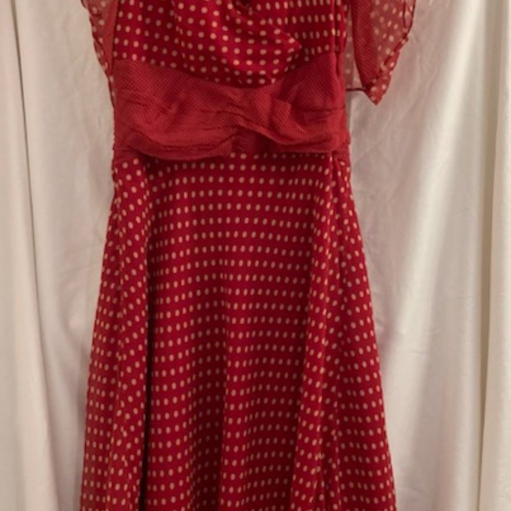 Red chiffon, polka dot dress and bolero jacket. Halter style, Size 10,